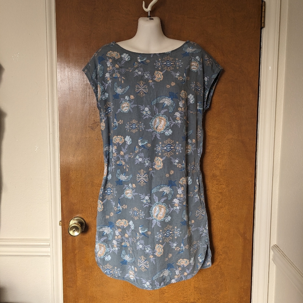 Patagonia June Lake Gray Floral Bird Cap Sleeve Tencel Short Dress
